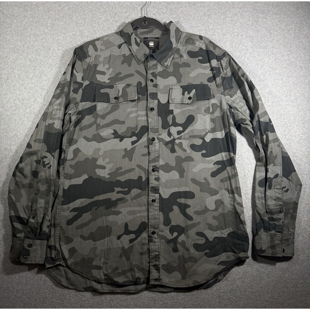 G-Star RAW Men's Slim Fit Gray Black Camo Long Sleeve Button-Up Shirt XL